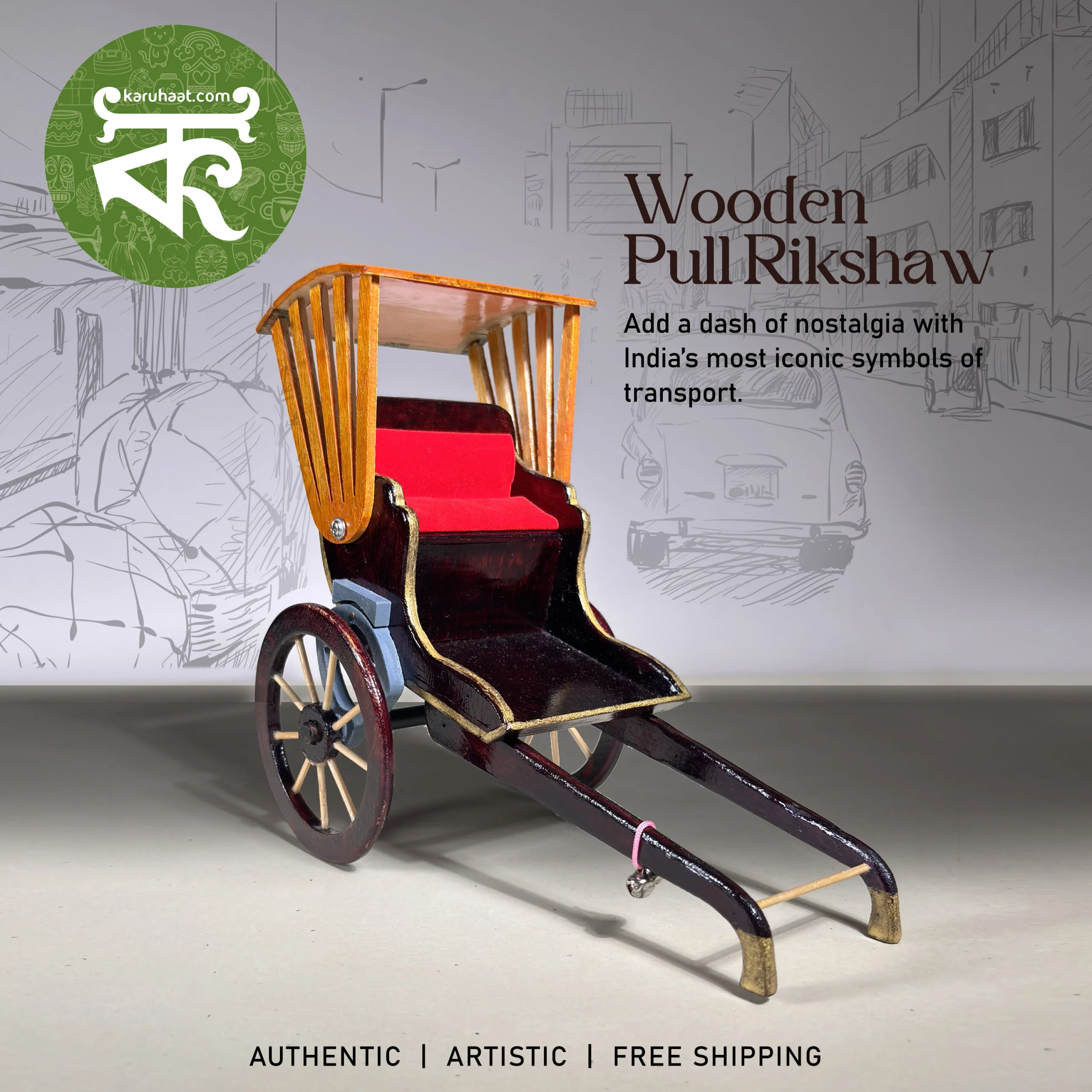 Pulled Riksaw Miniature Pulled Rickshaw | Unique Gift Items